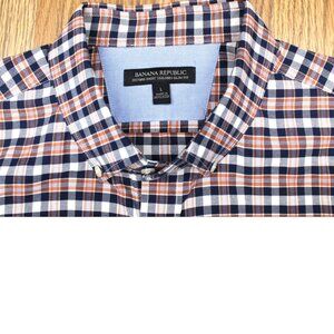 BANANA REPUBLIC SLIM FIT 100% COTTON OXFORD SHIRT ORANGE, NAVY & WHITE LARGE, L